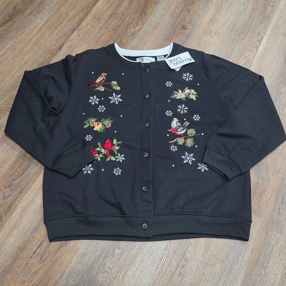 Allison Lane Womens Christmas Cardinal Embroidered Button Front Sweatshirt L NWT